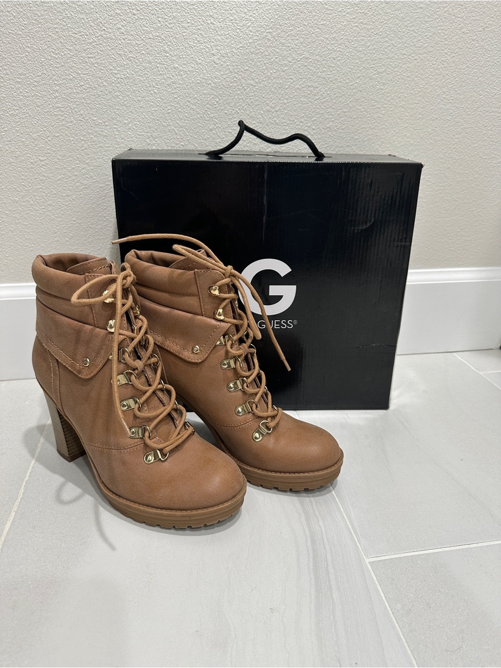 GUESS Brown Lace-Up Heeled Ankle Boots Genja